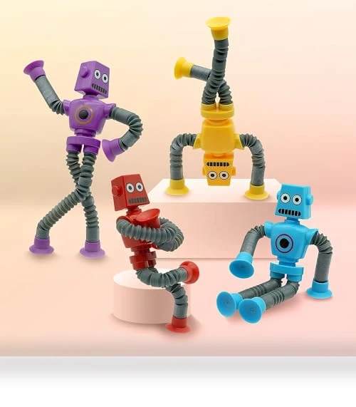 Suction Cup Robot Toy for Kids - 4 Pack Sensory Pop Tubes Robots — Infant & Early Childhood Playthings, Limpskys