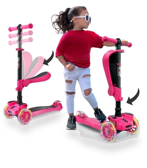 3-Wheeled Scooter for Kids with LED Lights and Foldable Seat — Balance Bikes, Hurtle