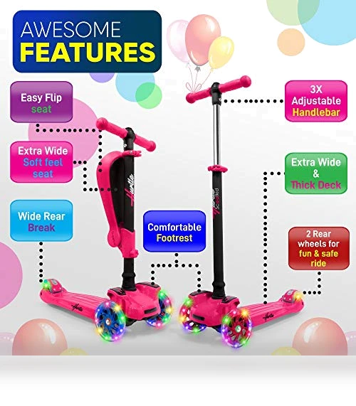 3-Wheeled Scooter for Kids with LED Lights and Foldable Seat — Balance Bikes, Hurtle