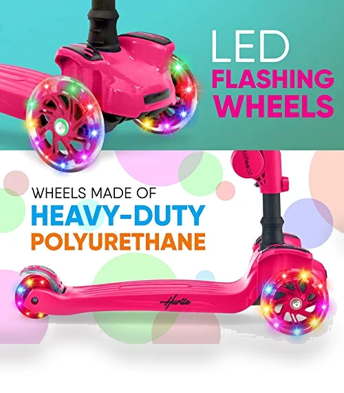 3-Wheeled Scooter for Kids with LED Lights and Foldable Seat — Balance Bikes, Hurtle