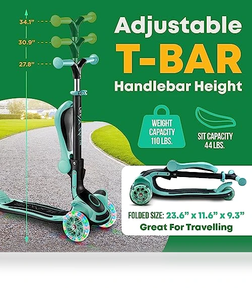 Foldable Seat Kids Scooter with LED Wheel Lights — Push Scooters, Lifemaster