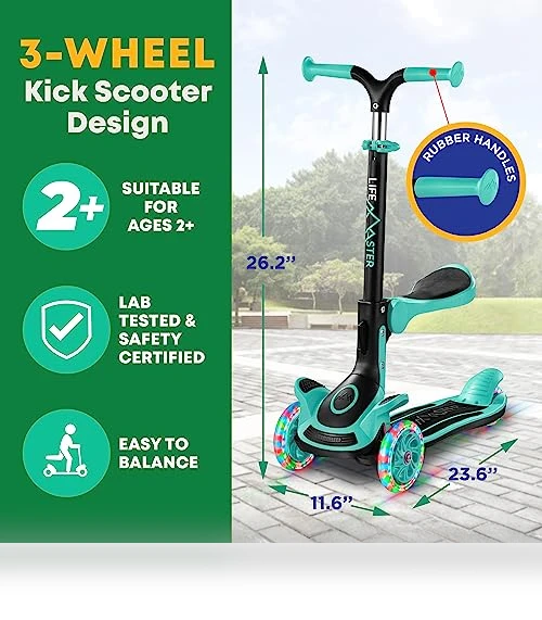 Foldable Seat Kids Scooter with LED Wheel Lights — Push Scooters, Lifemaster
