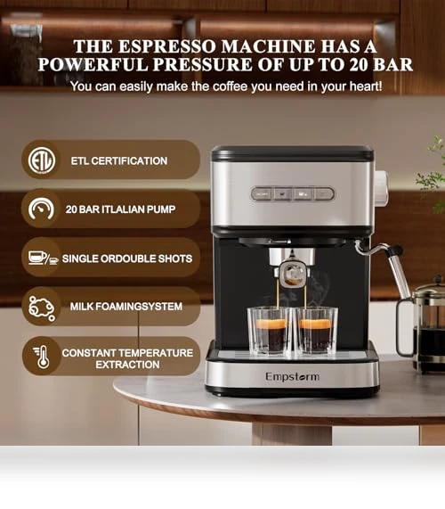 20 Bar Espresso Machine with Milk Frother Steam Wand — Coffee & Espresso Combos, Empstorm