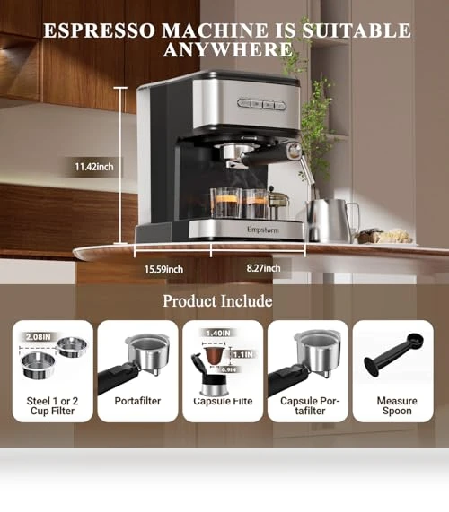 20 Bar Espresso Machine with Milk Frother Steam Wand — Coffee & Espresso Combos, Empstorm