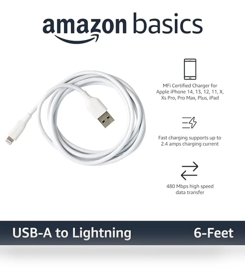 Fast Charging USB-A to Lightning Cable — Lightning, Amazon Basics