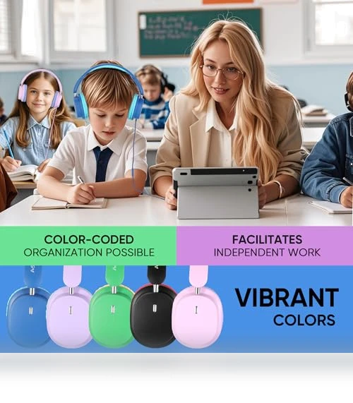 Kids Headphones for School Bulk Set 5-Pack Over-Ear, Foldable — In-Ear Headphones, A+ Scholars