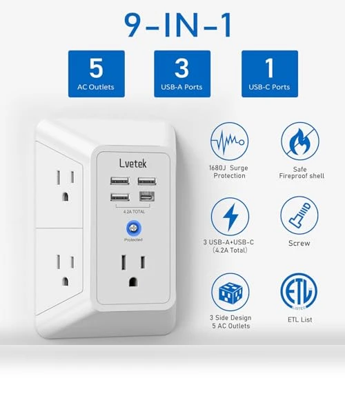 Outlet Extender Multi Plug with USB Charging Ports — Power Solutions & Surge Protection, Lvetek