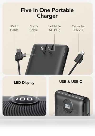 Portable Charger with Built-in Cables and AC Wall Plug — Charging Solutions, VRURC