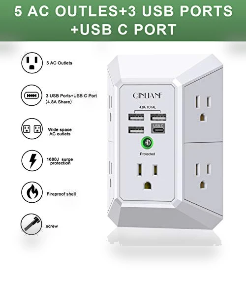 Surge Protector with 5 Outlet Extender and 4 USB Charging Ports — Power Solutions & Surge Protection, QINLIANF