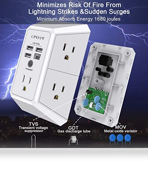 Surge Protector with 5 Outlet Extender and 4 USB Charging Ports — Power Solutions & Surge Protection, QINLIANF