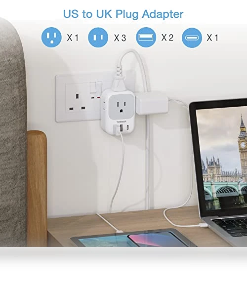 Travel Plug Adapter with 4 Outlets and 3 USB Ports — Charging Solutions, TESSAN