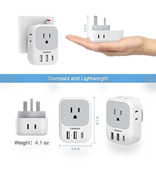 Travel Plug Adapter with 4 Outlets and 3 USB Ports — Charging Solutions, TESSAN
