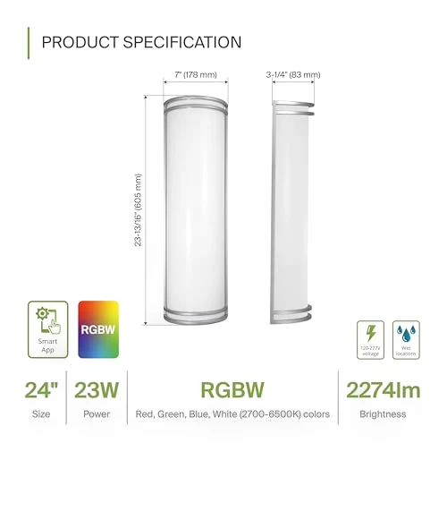 24 Inch Smart RGBW LED Outdoor & Indoor Wall Mount Light Fixture — Garden Illumination, ASD