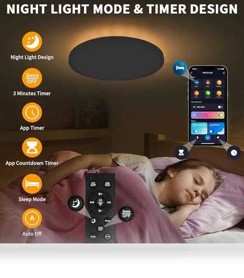Flush Mount Ceiling Light Fixtures with Remote Control & Night Lights — Close To Ceiling, Highxin