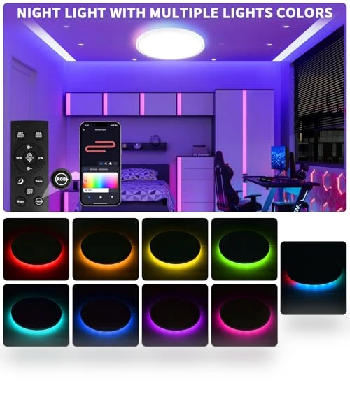 Flush Mount Ceiling Light Fixtures with Remote Control & Night Lights — Close To Ceiling, Highxin