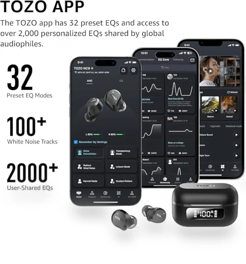 Hybrid Active Noise Cancelling Wireless Earbuds — In-Ear Headphones, TOZO