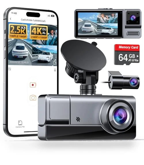 Triple Channel Dash Cam with WiFi 6 — Rearview Cameras for Cars, Icesky