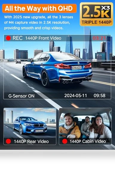 Triple Channel Dash Cam with WiFi 6 — Rearview Cameras for Cars, Icesky