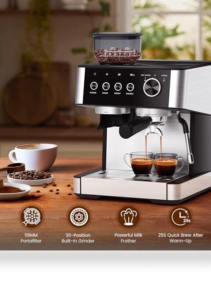 Espresso Machine with Grinder and Milk Frother — Semi-Automatic Espresso Machines, COWSAR