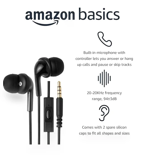 Wired Earbuds with Microphone — In-Ear Headphones, Amazon Basics
