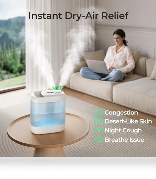 Super Easy to Clean Top Fill Auto Adapt Cool Mist Humidifier — Air Moisture Control, Homvana