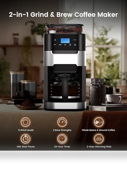 10-Cup Drip Coffee Maker with Built-In Grinder — Electric Blade Coffee Grinders, COWSAR