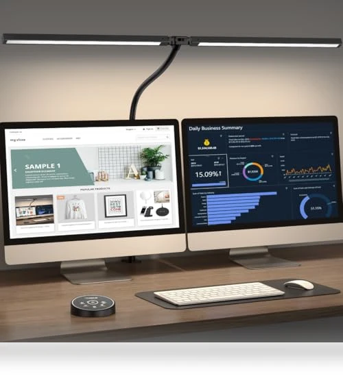 LED Desk Lamp with Clamp and Dual Screen Computer Monitor Gooseneck — Study & Desk Lighting