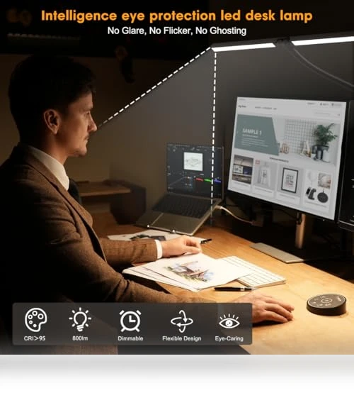 LED Desk Lamp with Clamp and Dual Screen Computer Monitor Gooseneck — Study & Desk Lighting