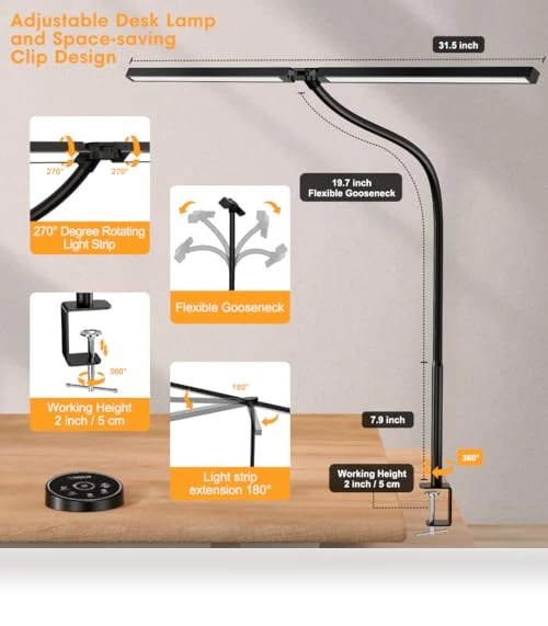 LED Desk Lamp with Clamp and Dual Screen Computer Monitor Gooseneck — Study & Desk Lighting