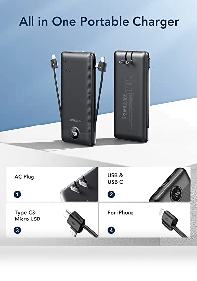 Portable Charger with Built-in Cables and Wall Plug — Charging Solutions, VEGER