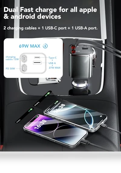 4 in 1 Fast Charging Retractable Car Charger — Phone Accessories, EloBeth