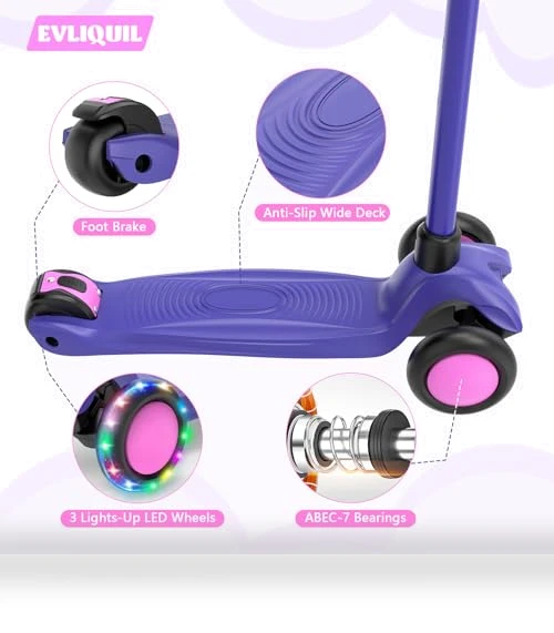 LED Lighted Wheels Kids Scooter with Adjustable Handlebars — Balance Bikes, EVLIQUIL