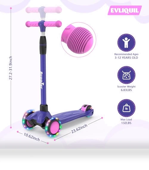 LED Lighted Wheels Kids Scooter with Adjustable Handlebars — Balance Bikes, EVLIQUIL