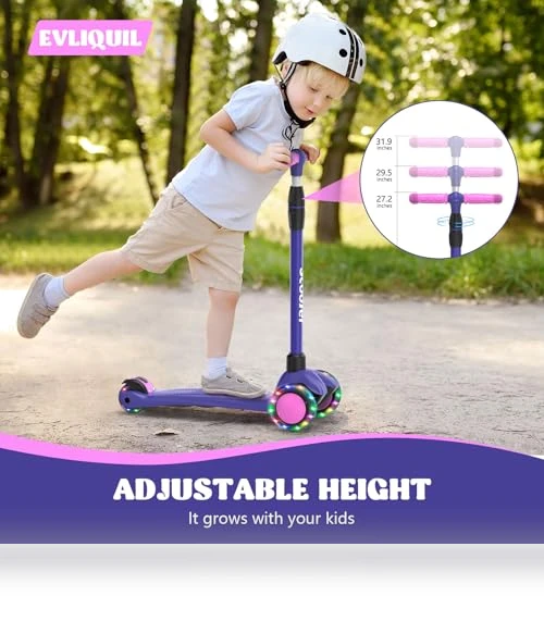 LED Lighted Wheels Kids Scooter with Adjustable Handlebars — Balance Bikes, EVLIQUIL