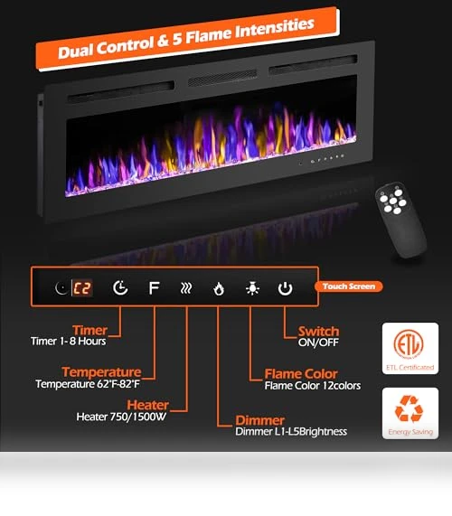 Electric Fireplace Wall Mounted and Recessed with Remote Control — Tabletop Fireplaces, BETELNUT