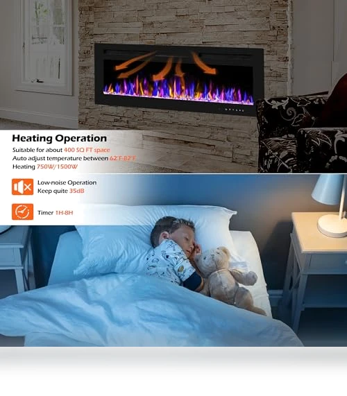 Electric Fireplace Wall Mounted and Recessed with Remote Control — Tabletop Fireplaces, BETELNUT