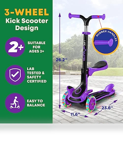Foldable Seat Kids Scooter with LED Wheel Lights — Push Scooters, Lifemaster
