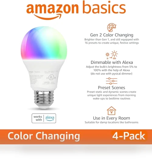 Smart A19 LED Light Bulb, Color Changing — LED, Amazon Basics
