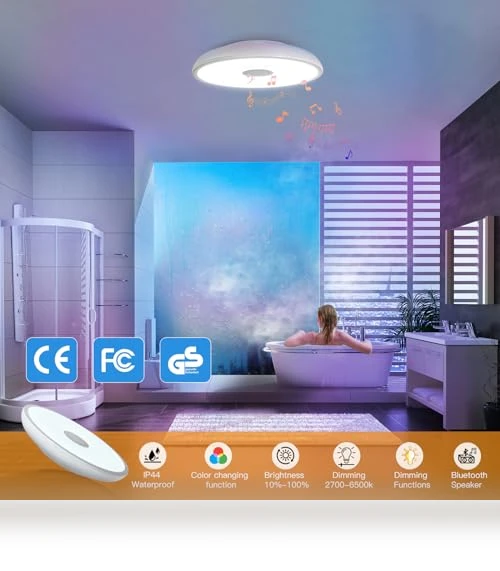 Smart Waterproof LED Flush Mount Ceiling Light Fixture with Bluetooth Speaker — Overhead Lighting, ASALL