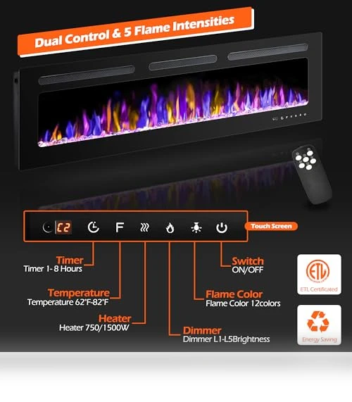 Electric Fireplace Wall Mounted and Recessed with Remote Control — Electric Heating Solutions, BETELNUT