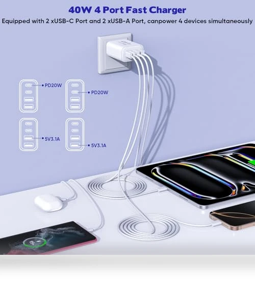 10FT USB C to C Woven Cable with 40W 4 Port PD&AC Charger Block — Chargers, Shenzhen Xihuida Electronics Co., Ltd.