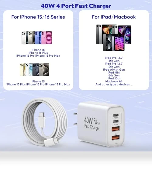 10FT USB C to C Woven Cable with 40W 4 Port PD&AC Charger Block — Chargers, Shenzhen Xihuida Electronics Co., Ltd.