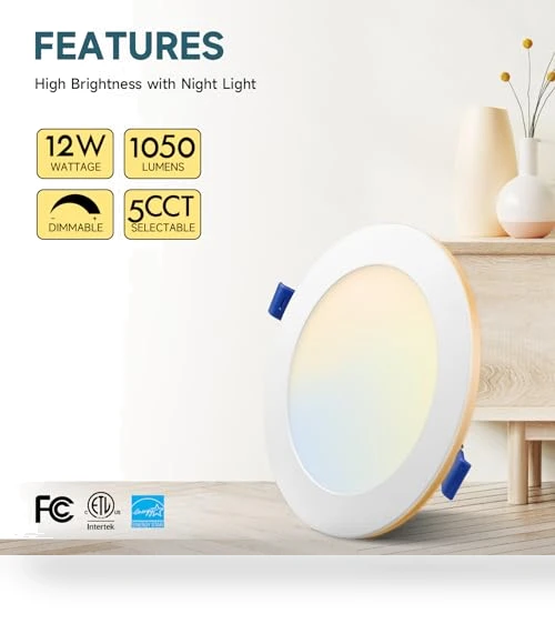 6 Inch 5CCT LED Recessed Ceiling Light with Night Light — Trim, ECOELER