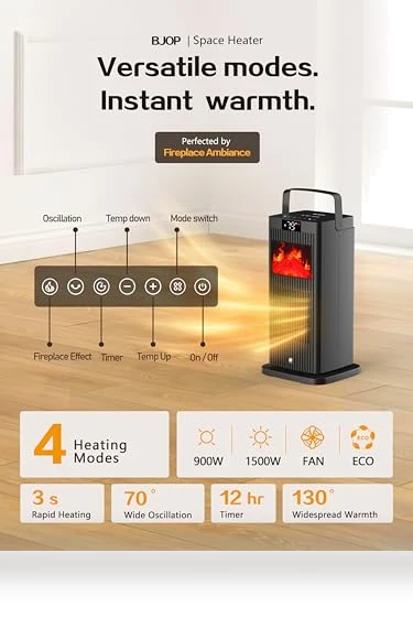 Portable Space Heater with Fireplace Flame Effect — Portable Heating Solutions, BJOP