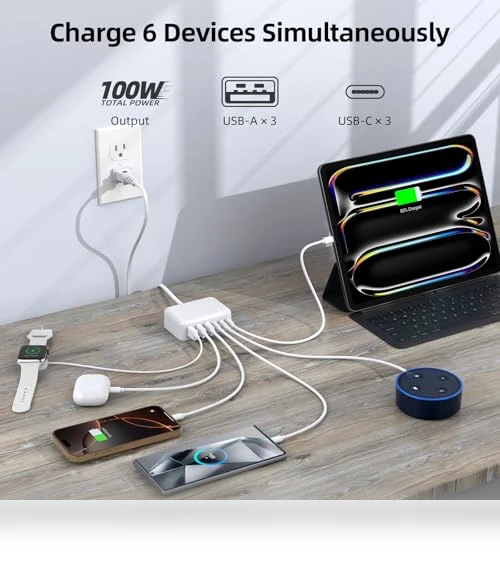 100W GaN 6 Port PD USB C QC USB A Wall Charger Adapter Plug Cube — Power Hubs, BOVICAS