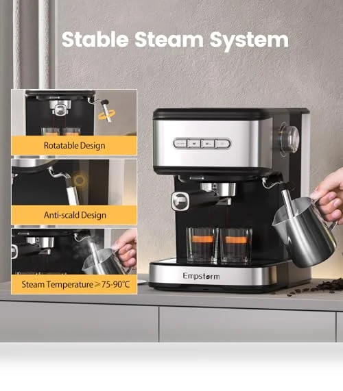 2-in-1 Coffee Maker with Milk Frother Steam Wand — Espresso Machines, Empstorm
