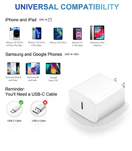 Fast Charging USB C Charger Block with 6FT Cord — Lightning, ROMITAZ