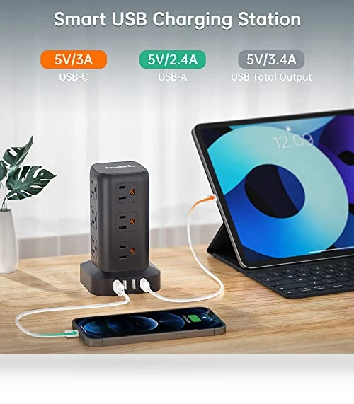 Surge Protector Power Strip Tower with USB Ports — Power Solutions & Surge Protection, SMALLRT