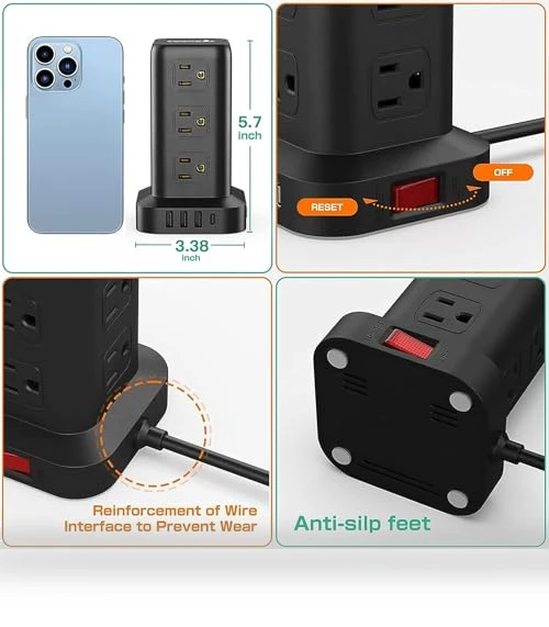 Surge Protector Power Strip Tower with USB Ports — Power Solutions & Surge Protection, SMALLRT