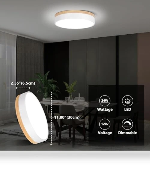 Dimmable LED Close to Ceiling Light with Minimalist Wood Oak Design — Overhead Lighting, WOKNOS